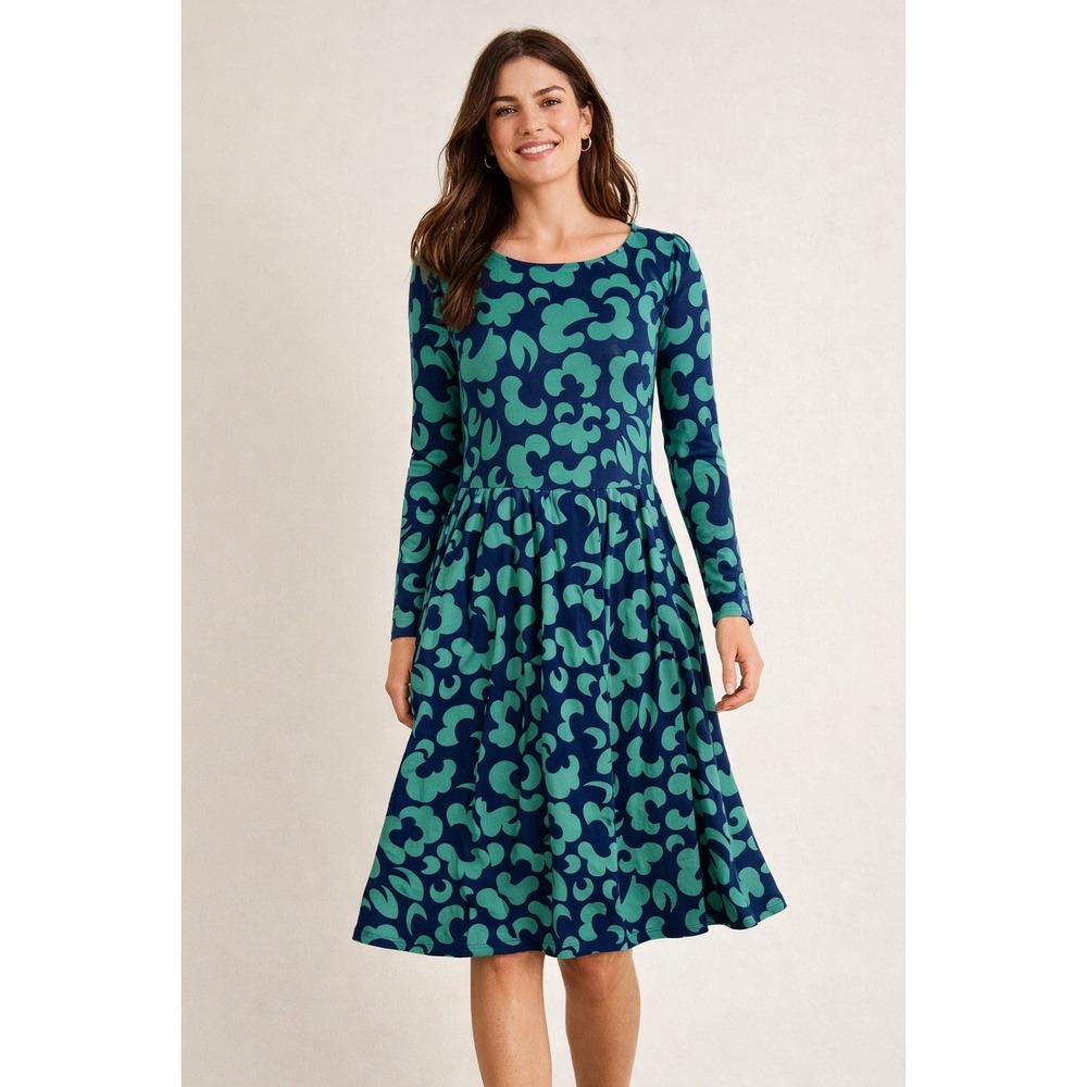 Boden Viscose Dress UK 14R US10 Navy Green Spinning Petals Long Sleeve Pockets